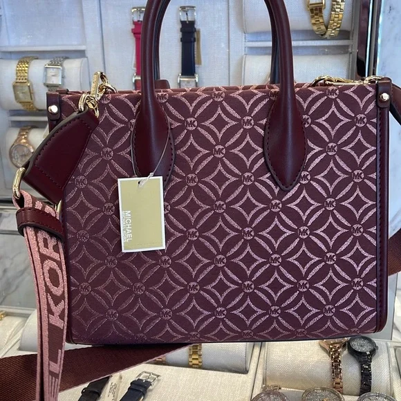 Michael Kors Mirella Small Metallic Logo Jacquard Crossbody BagOxblood …